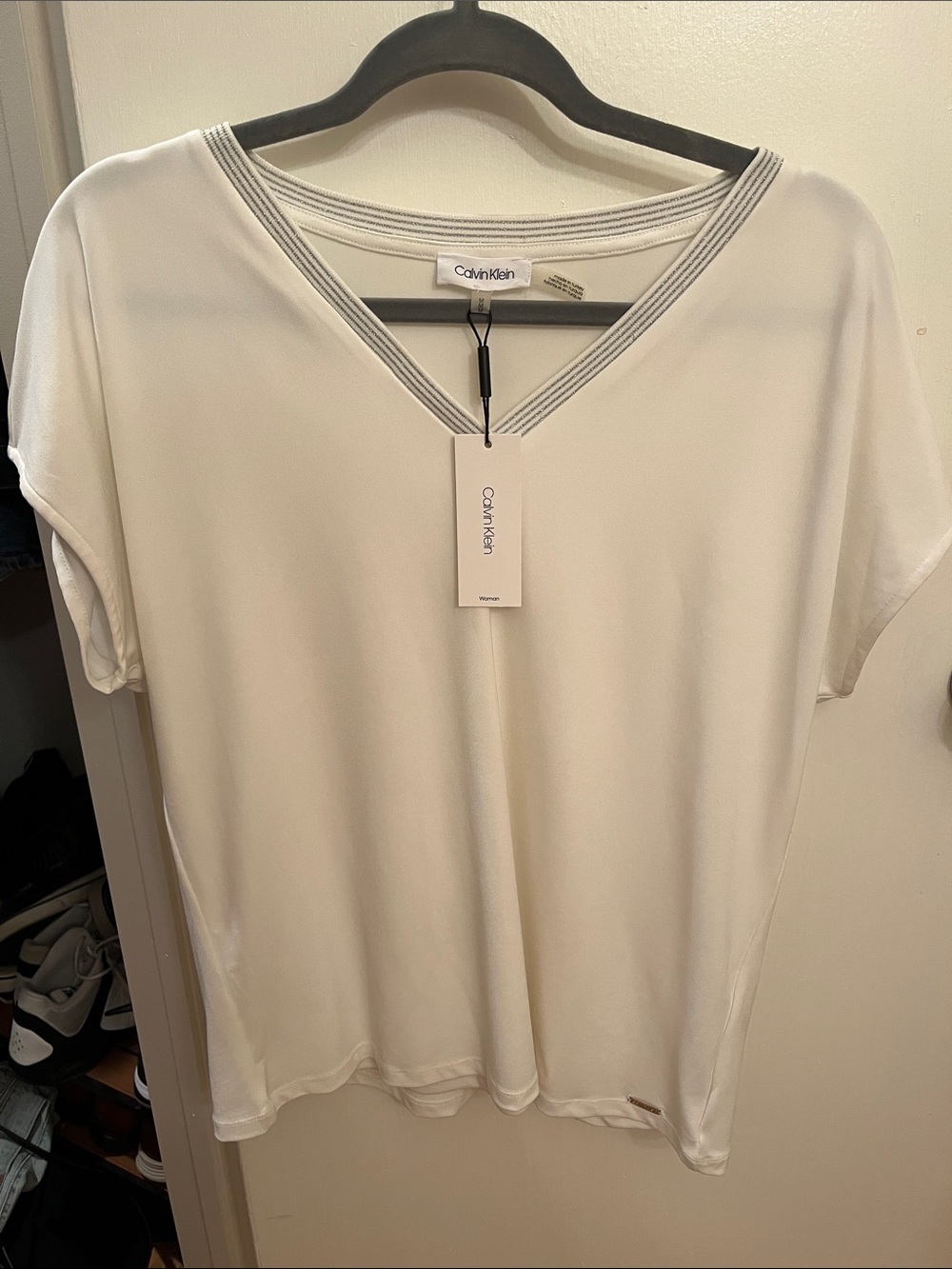 Calvin Klein White Short Sleeve V-Neck Tee with Gray Trim